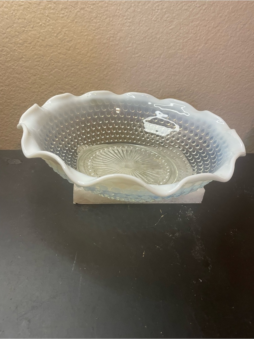 Fenton 9” Moonstone Opalescent Hobnail Ruffled Bowl
